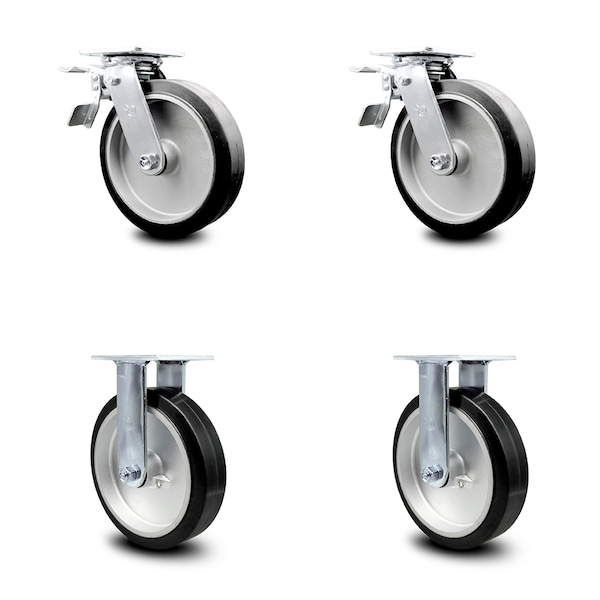 8 Inch Rubber on Aluminum Caster Set with Ball Bearings 2 Brakes 2 Rigid SCC